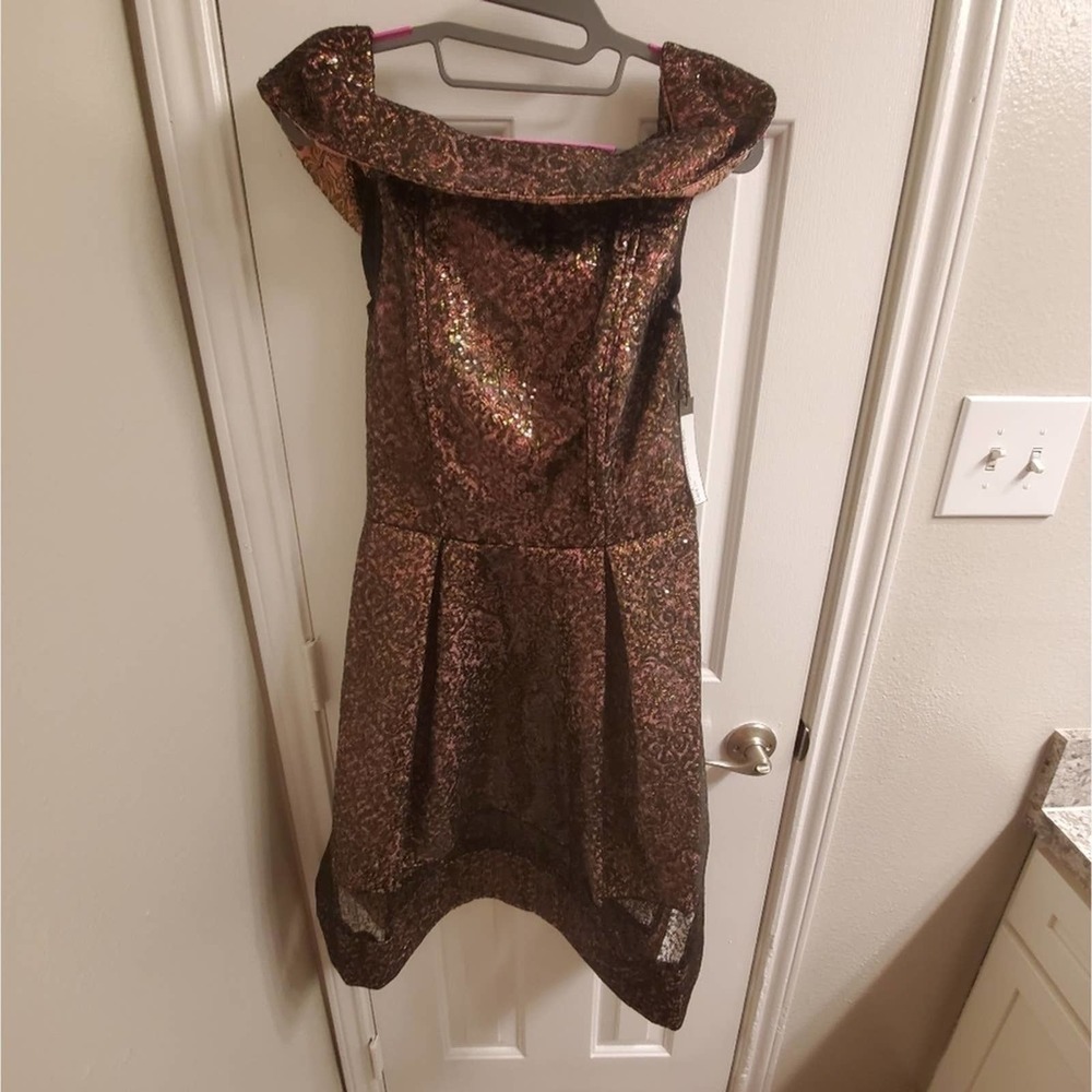 Issue NY Burgundy Gold brocade off shoulder dress special occasion size 2